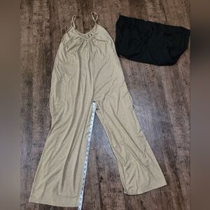 SHEIN Beige and Black Wide Leg Pocket Romper.